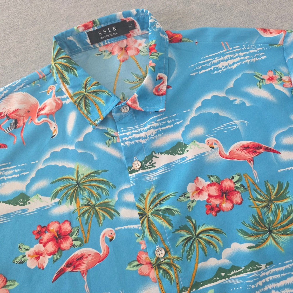 SSLR Mens Hawaiian Shirt Large Blue Pink Flamingo Tropical Palm Tree Button Down